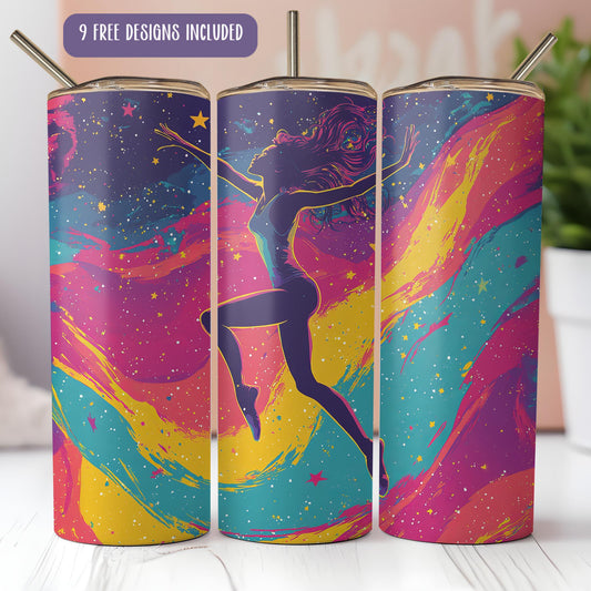 a set of three colorful tumbles with a woman on them