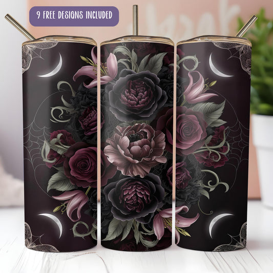 a set of three travel mugs with floral designs on them