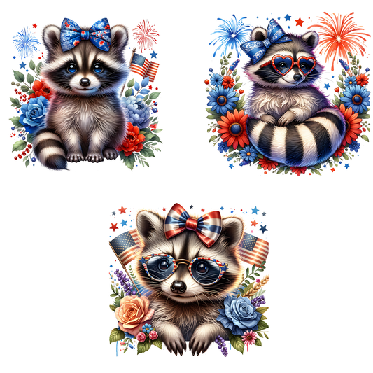 two pictures of a raccoon wearing glasses and a bow
