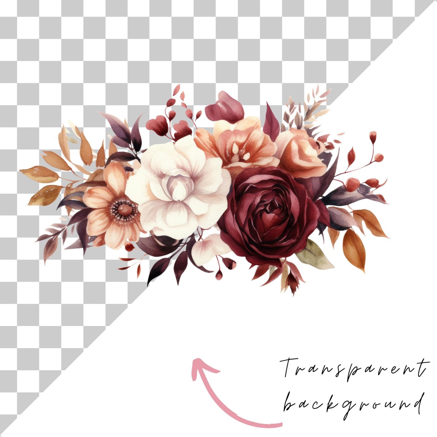 Clipart floral en tonos burdeos y óxido