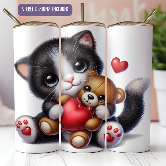 a set of three coffee cups with a kitten holding a teddy bear
