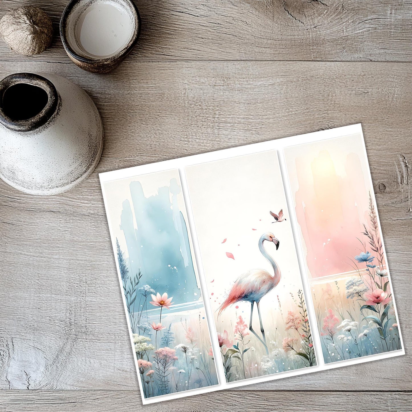 a picture of a flamingo in a field of flowers