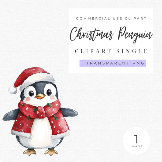 Clipart de pingüino navideño en acuarela