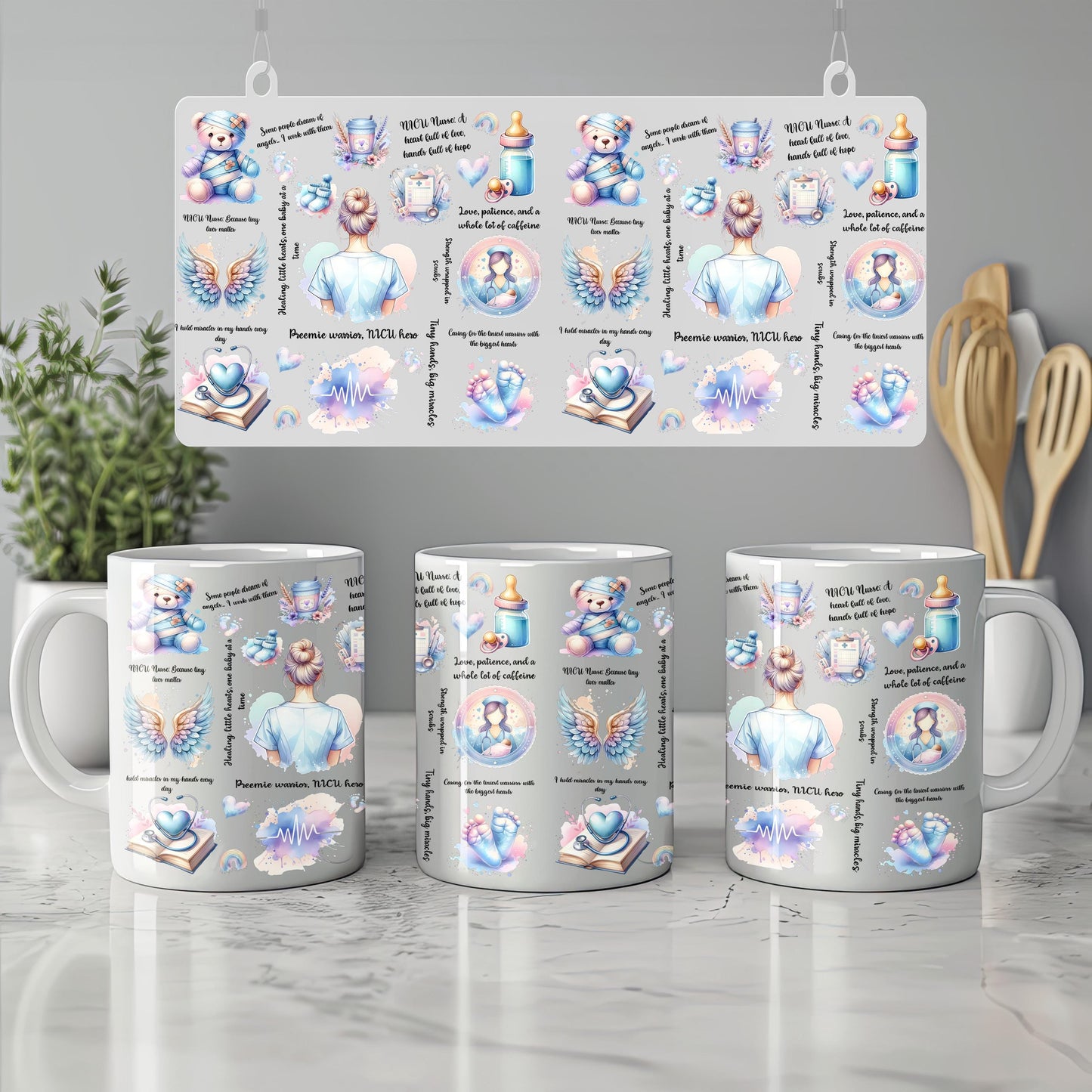 a group of coffee mugs sitting on top of a counter