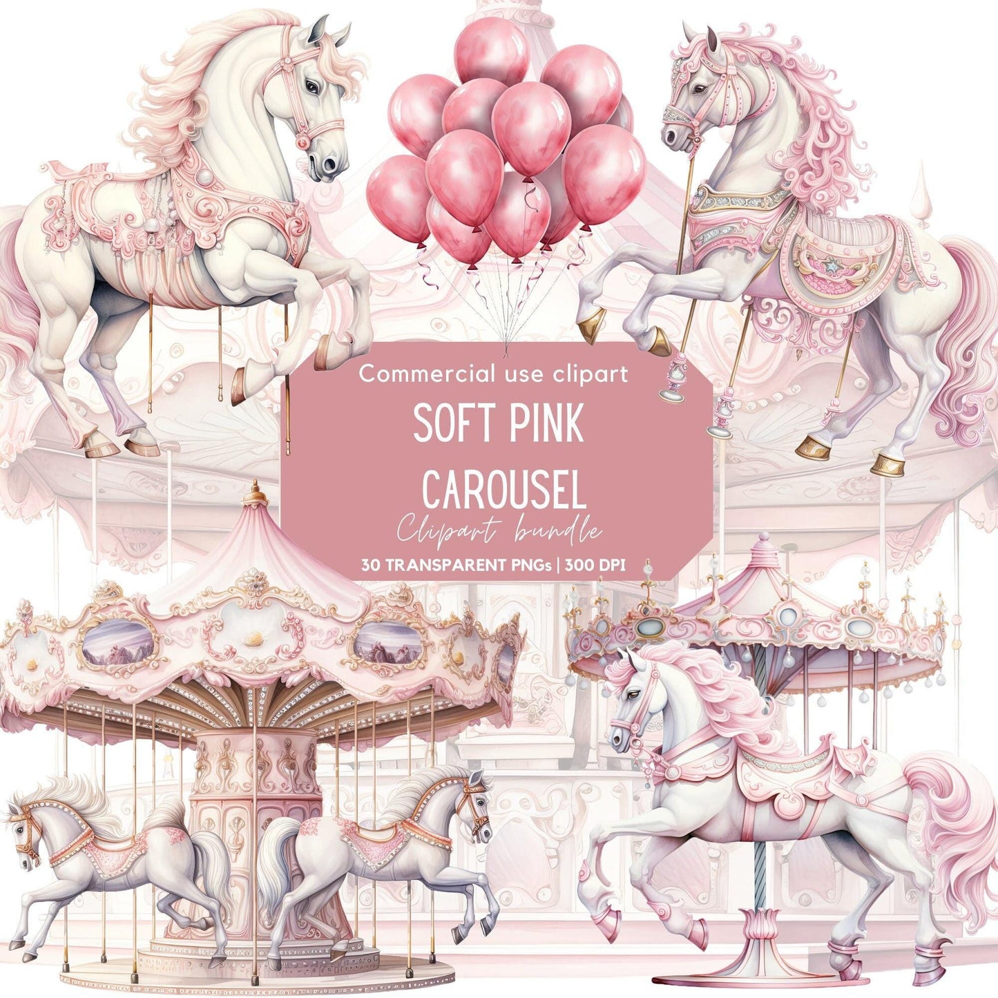 Watercolor Soft Pink Horse & Carousel