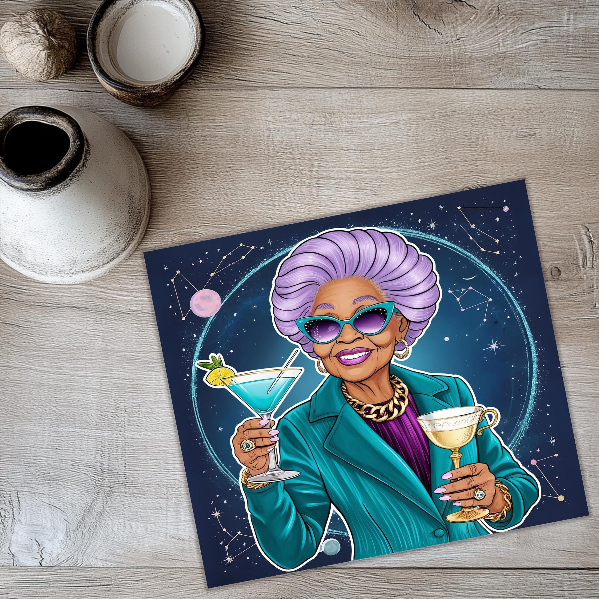 a painting of a woman holding a martini glass