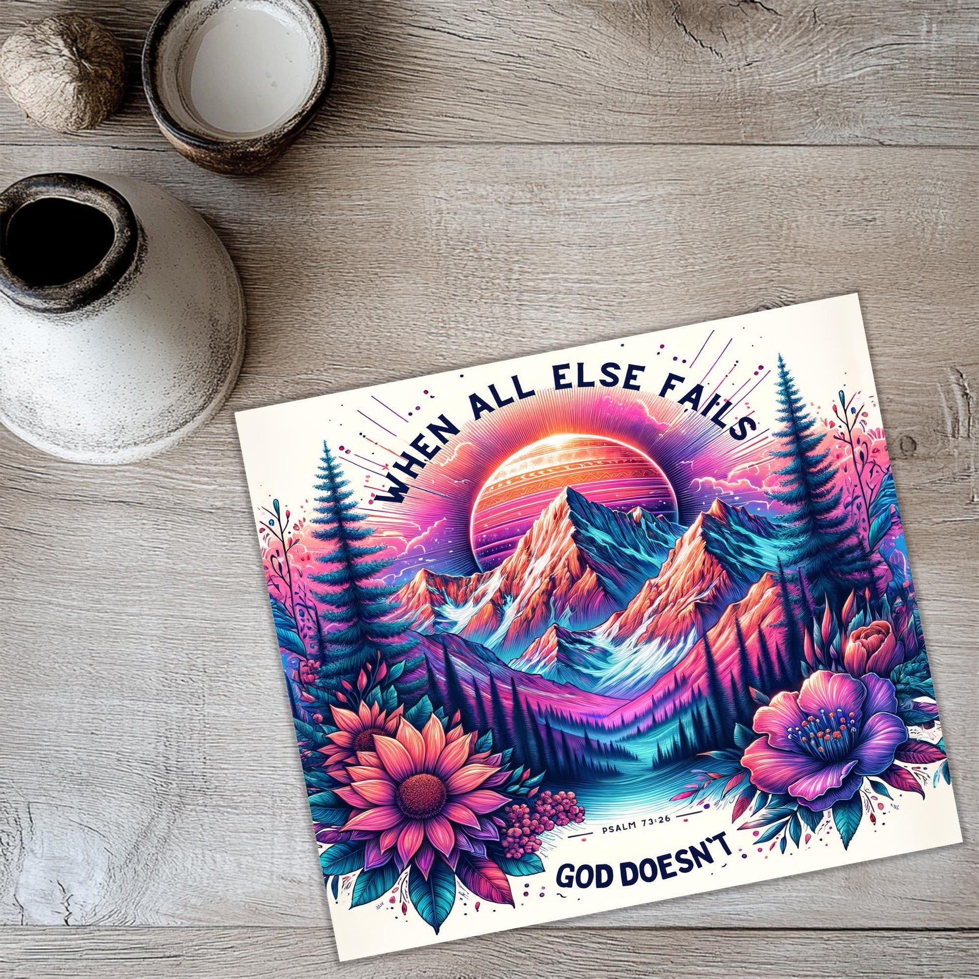 a poster of a mountain scene with flowers