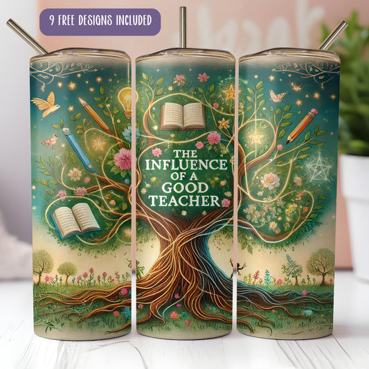 a set of three travel mugs with the words the influence of a good teacher