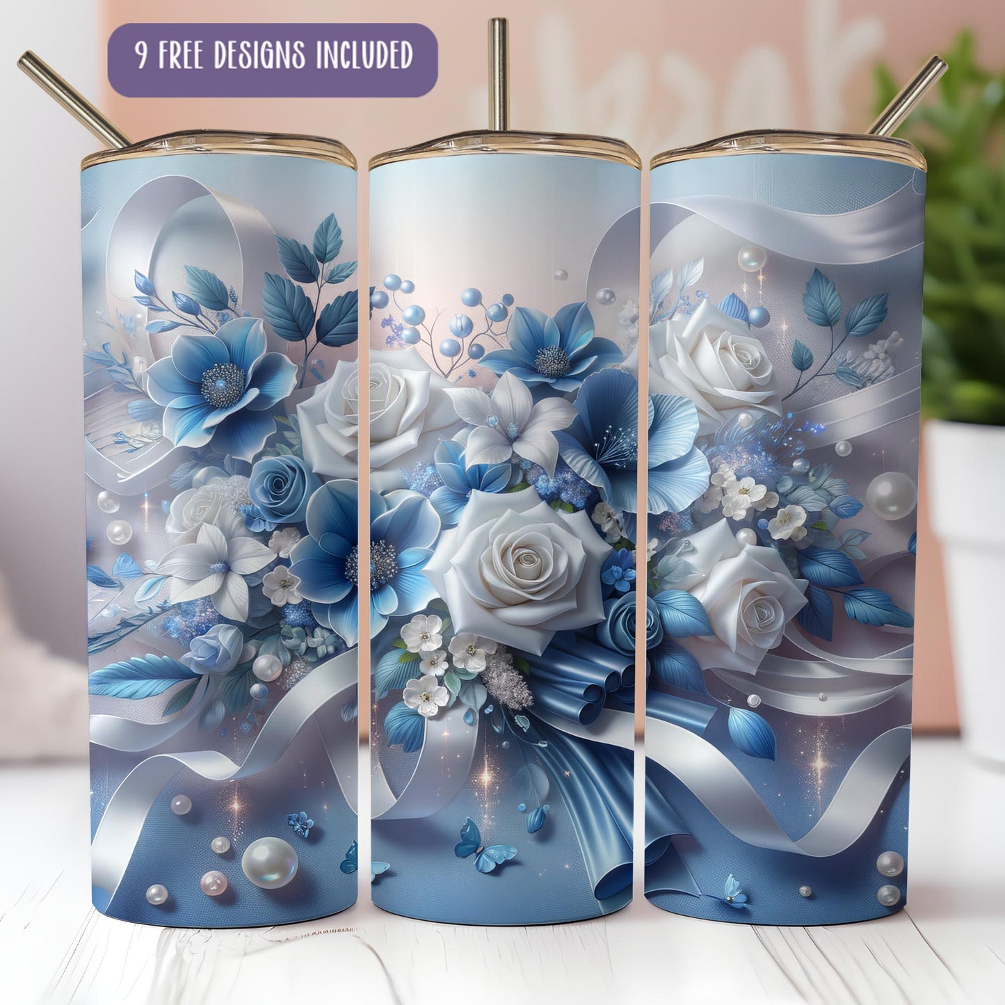 a set of three blue and white flower vases