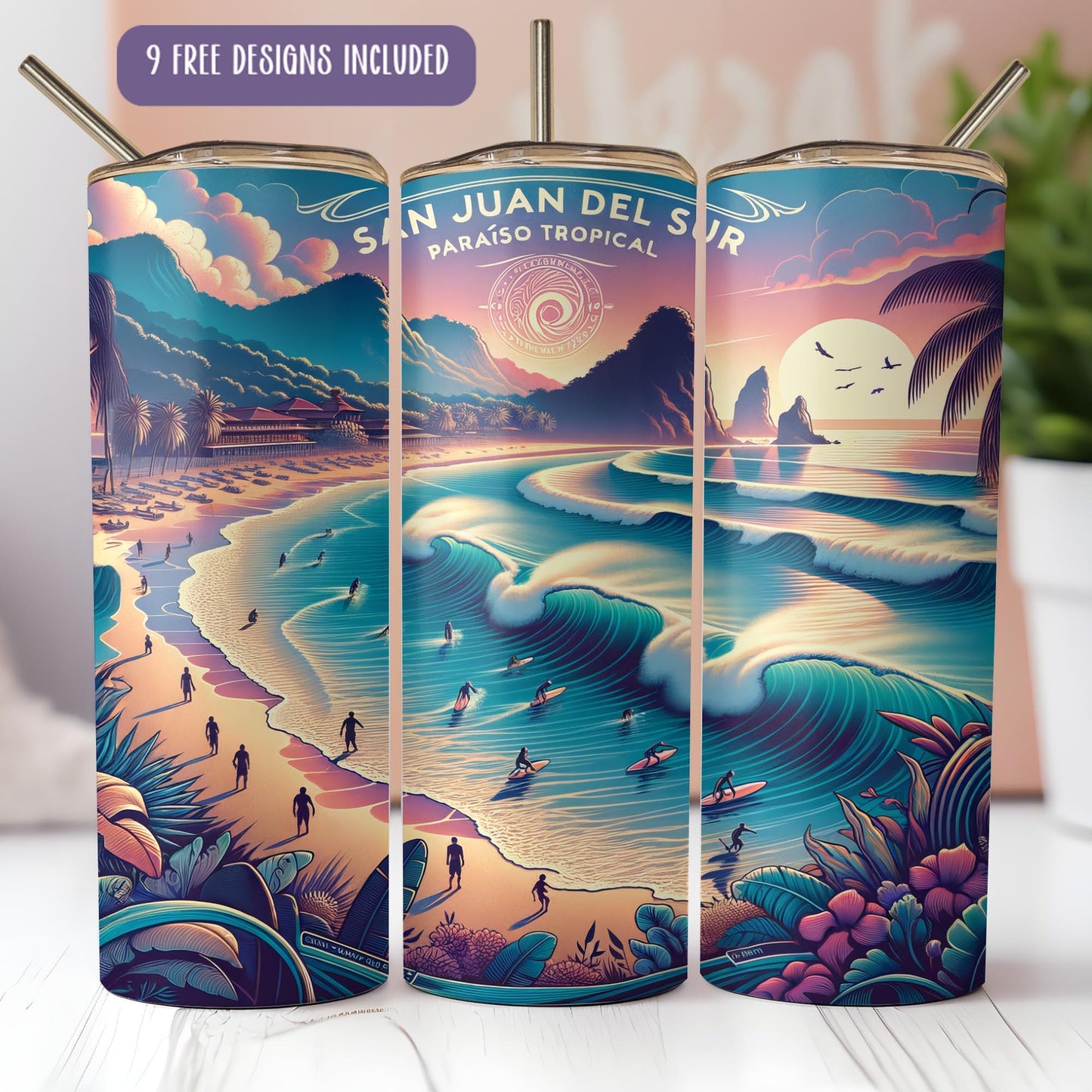 a set of three travel mugs sitting on top of a table