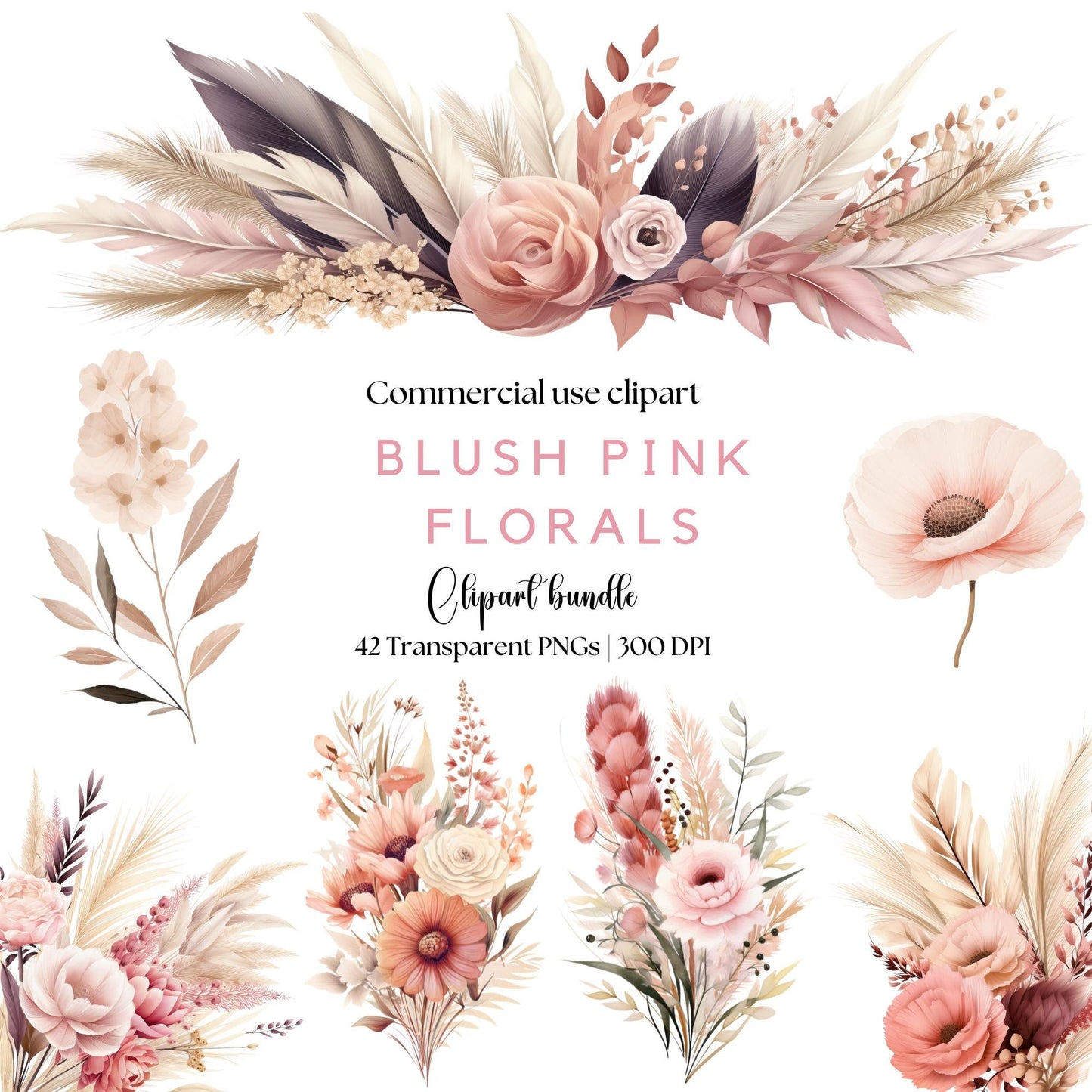 Watercolor Blush Bohemian Floral Clipart