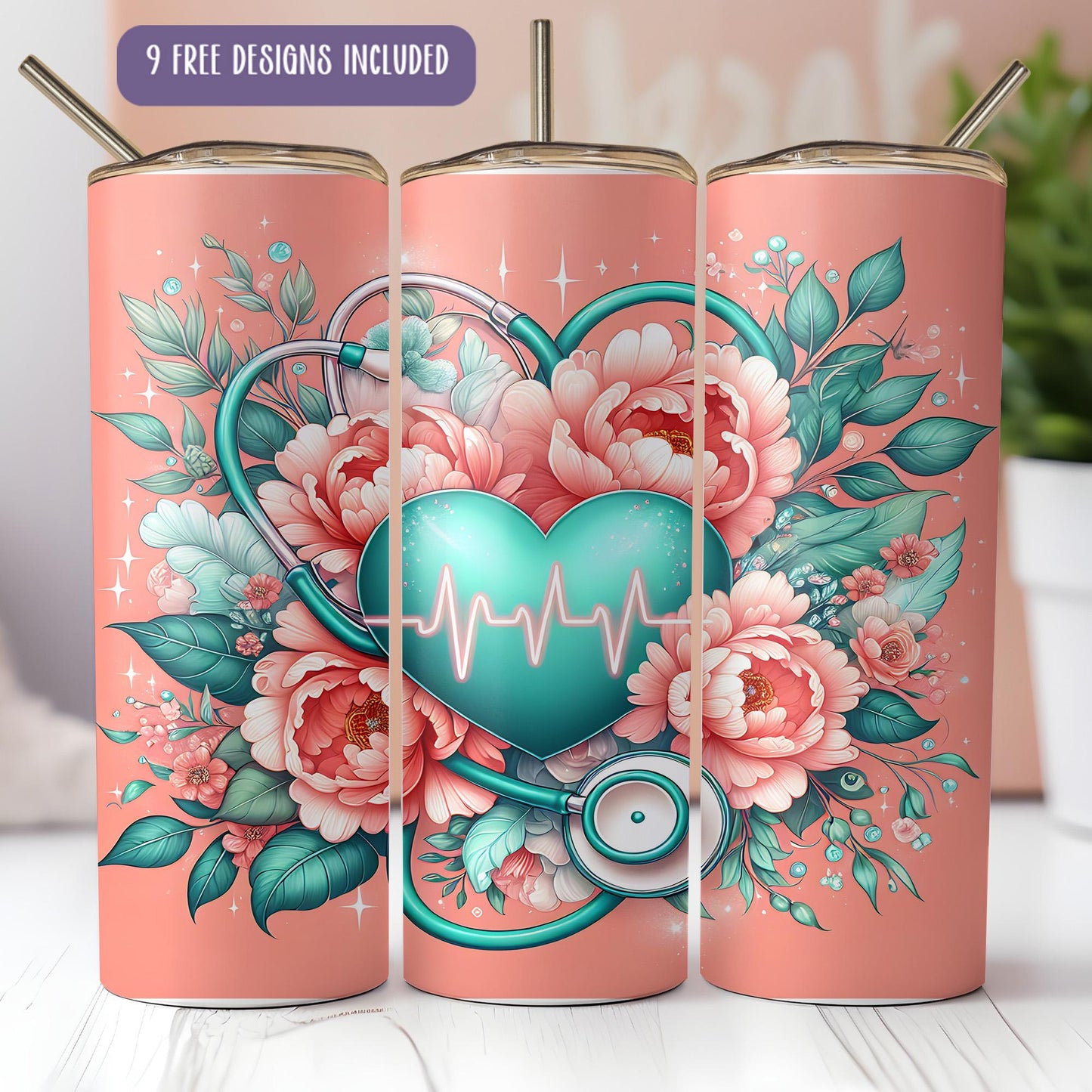 a set of three pink tumbles with a heart and flowers on them