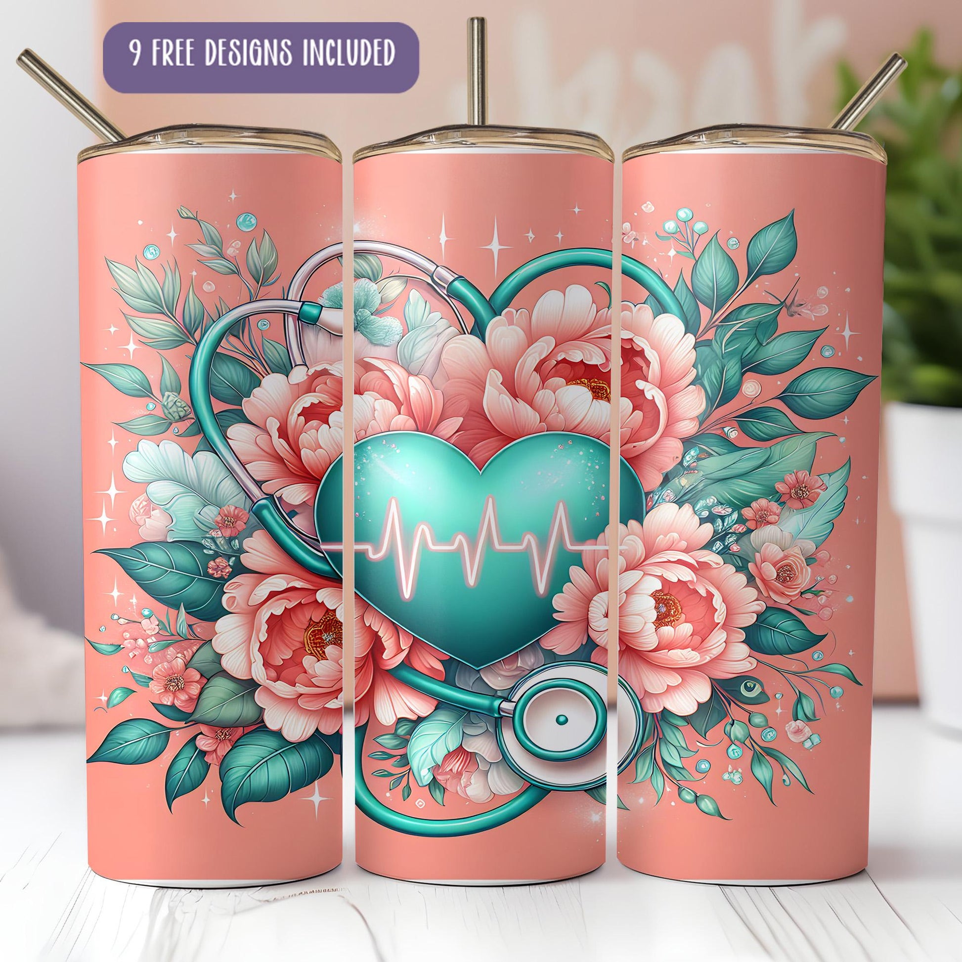 a set of three pink tumbles with a heart and flowers on them