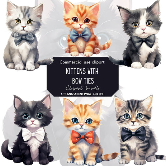 Watercolor Cute Kittens with Bow Ties Clipart