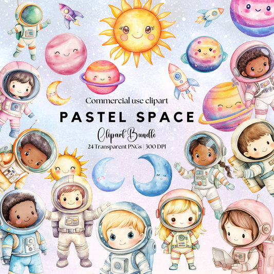 a group of children in space with the text commercial use clipart pastel space