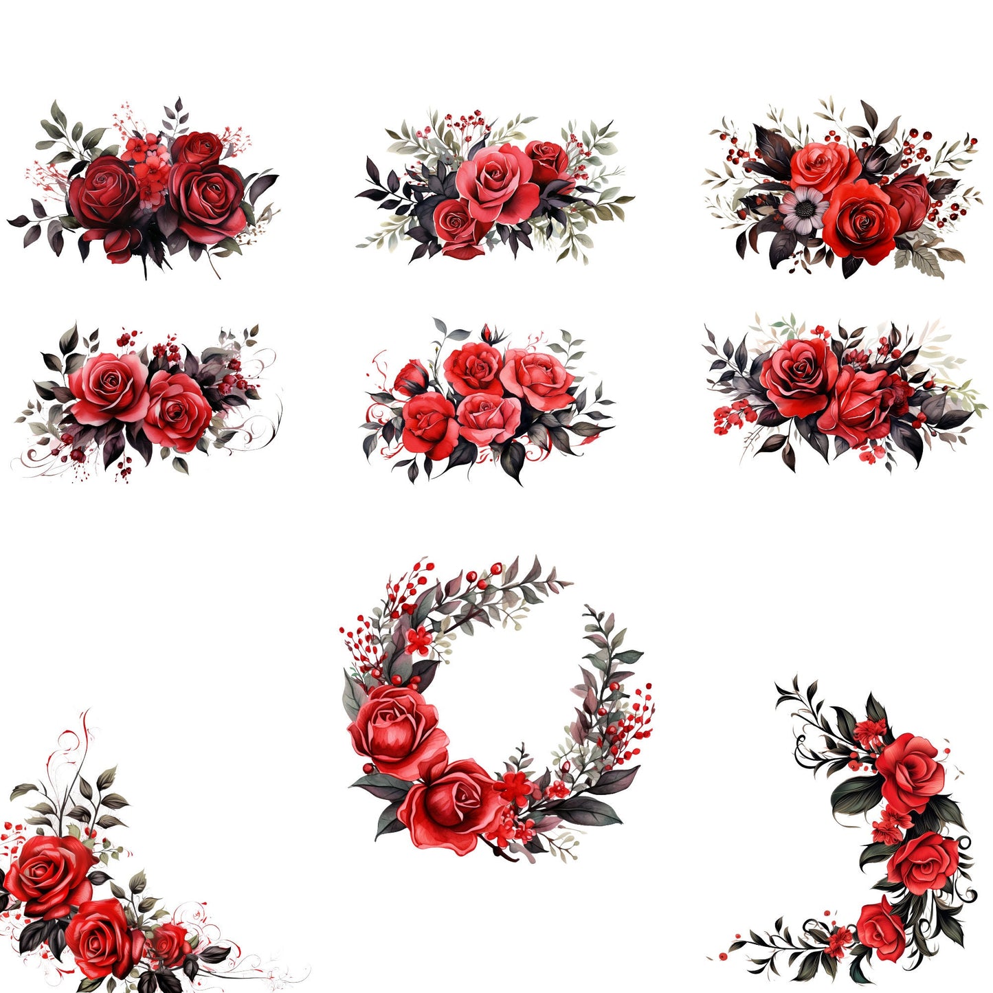 Watercolor Red and Black Floral Clipart