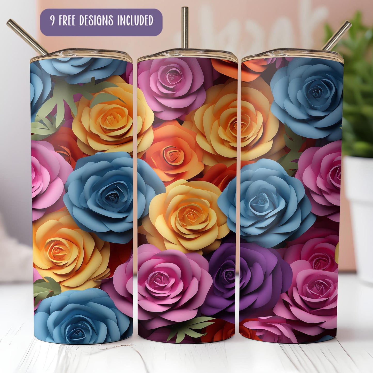 a set of three colorful flowers on a white table