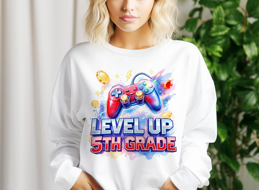 5th Grade Level Up PNG – Pixel Gamer Back to School Sublimation Design
