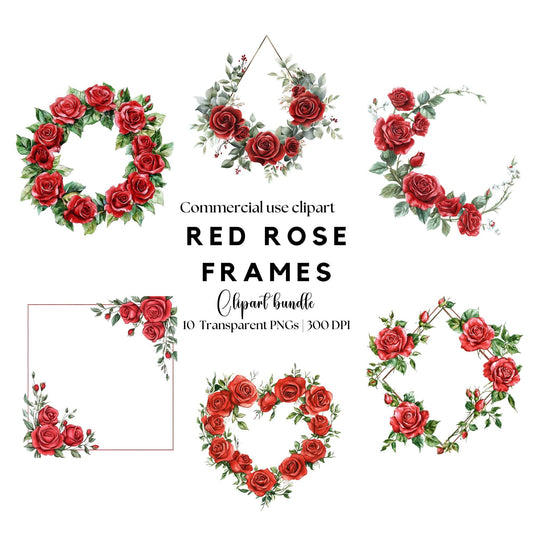 Clipart de marco floral de rosa roja en acuarela
