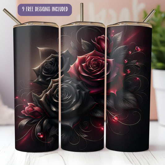 a set of three black and red roses on a black background