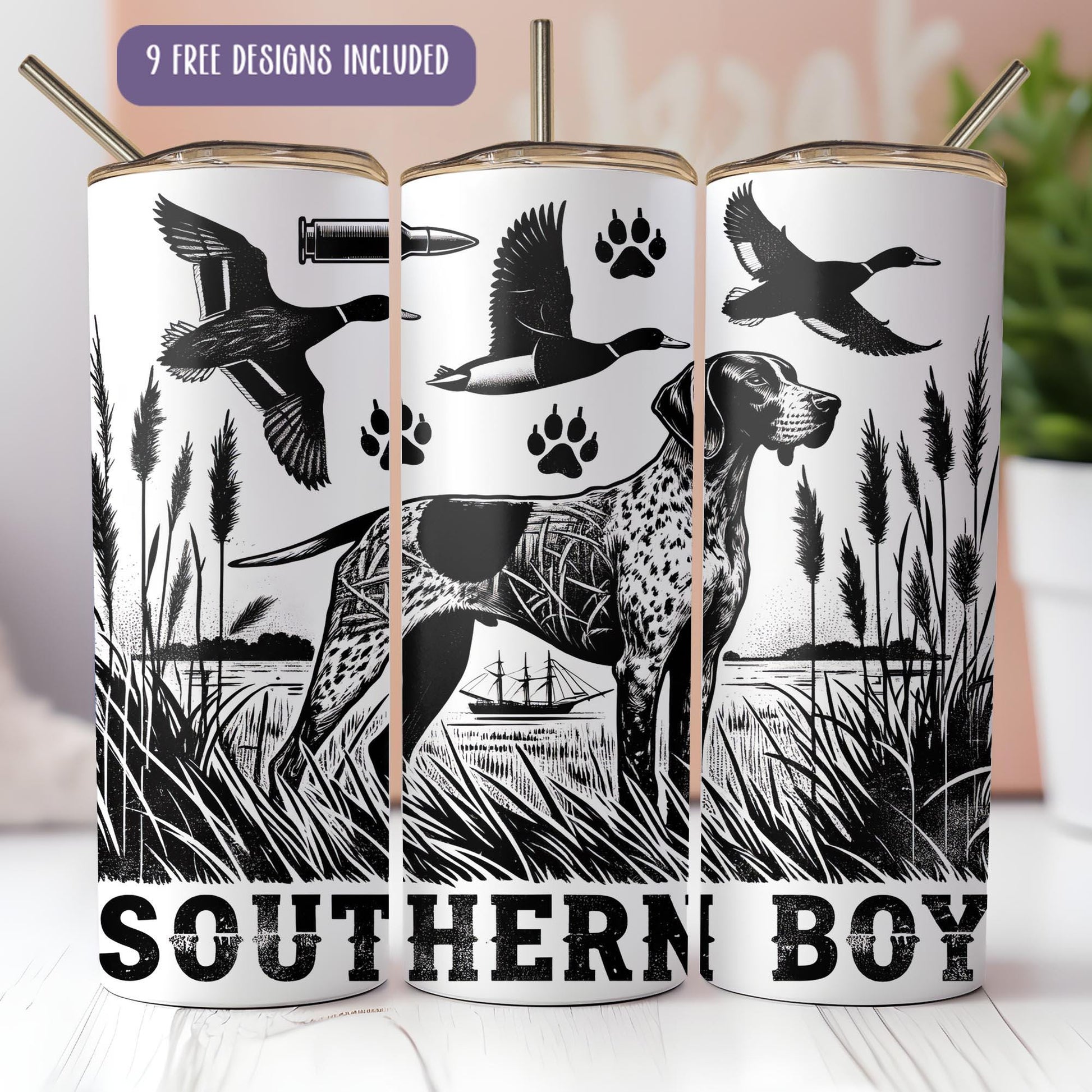 a set of three mugs with a dog and ducks on them