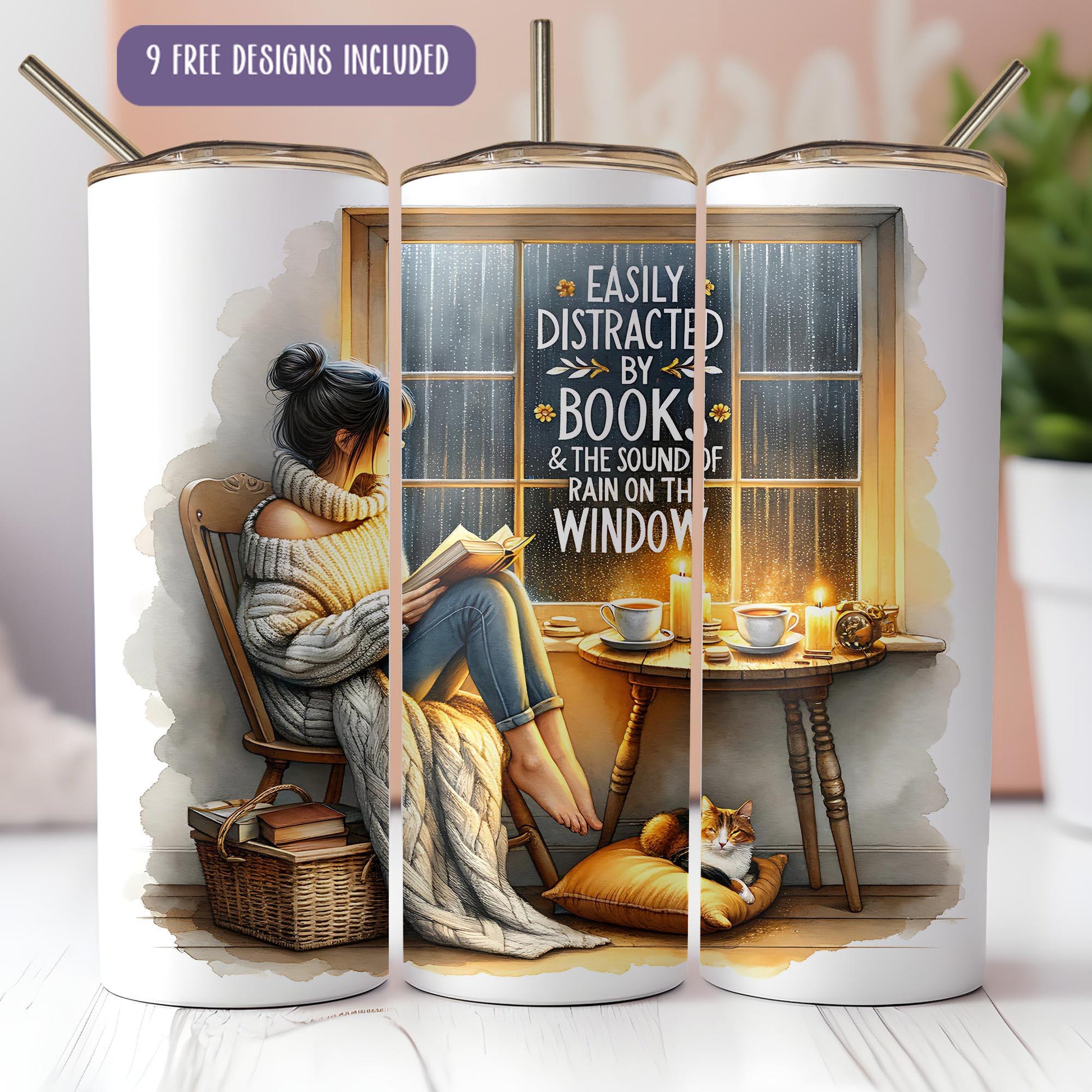 a coffee mug with a picture of a woman reading a book
