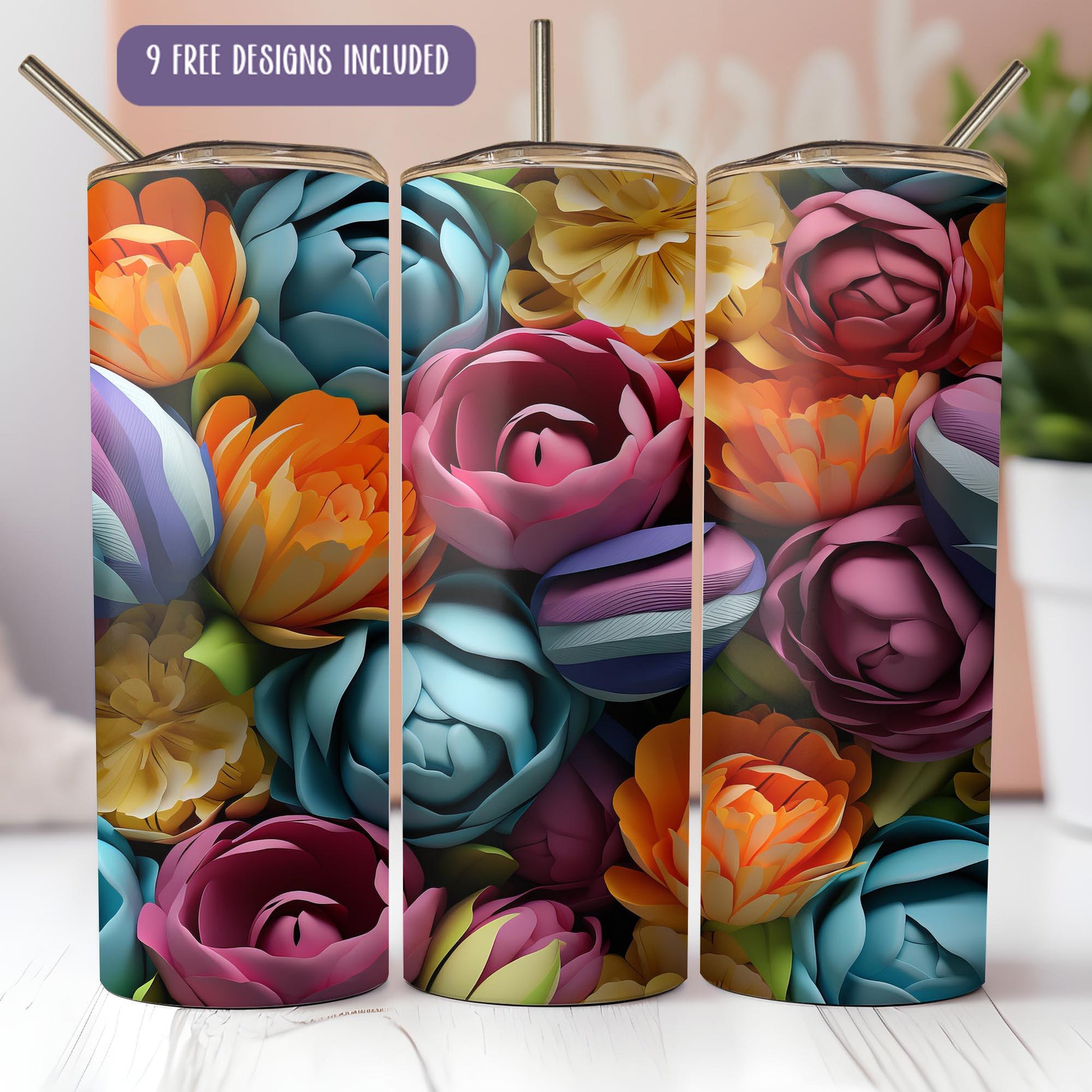 a set of three colorful floral tumbles with straws