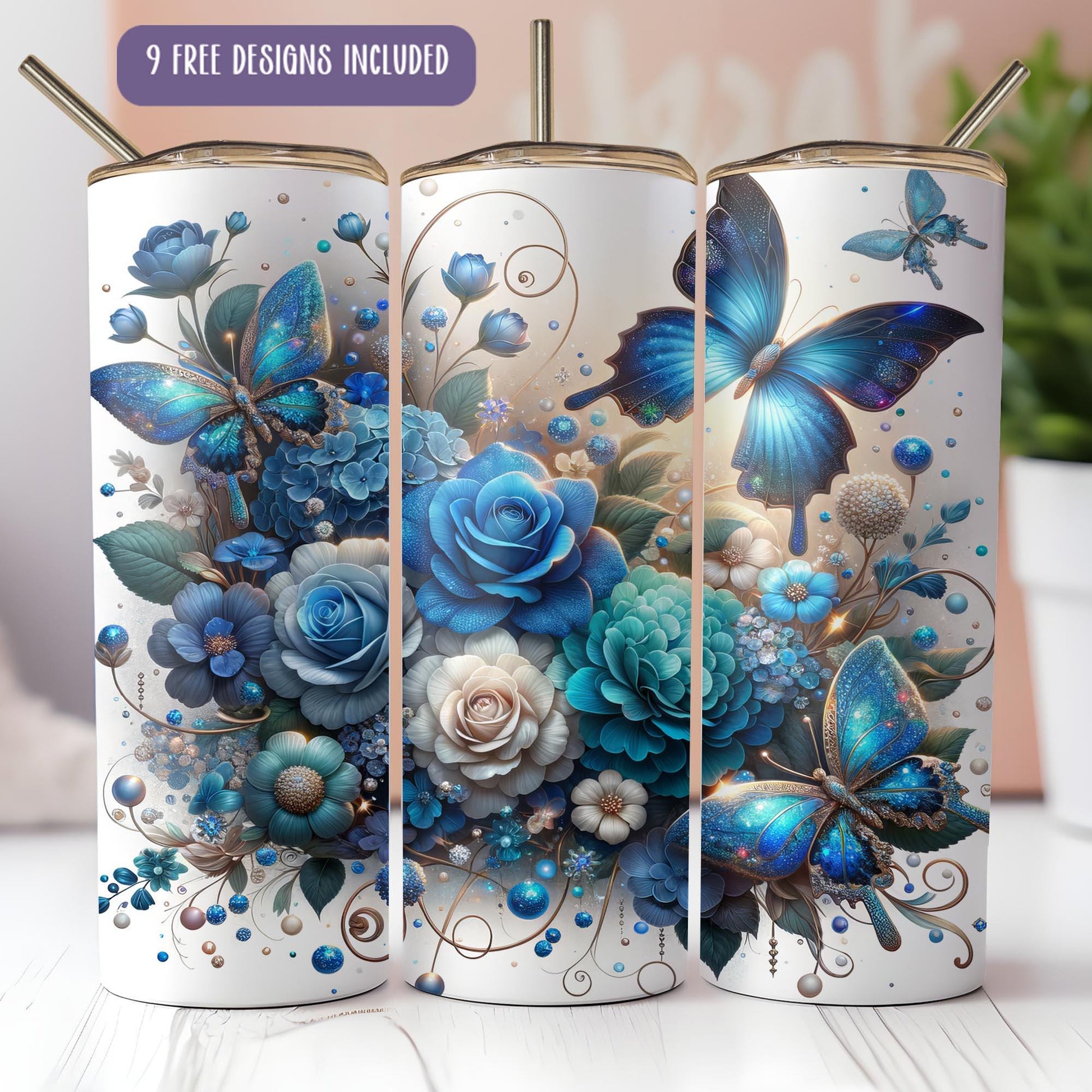 a set of three blue flowers and butterflies on a white background