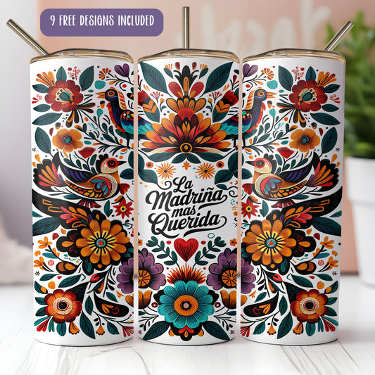 A colorful and intricate design of a tumbler or thermos with a floral and bird motif. The design includes various flowers, leaves, and birds in a vibrant and detailed style.