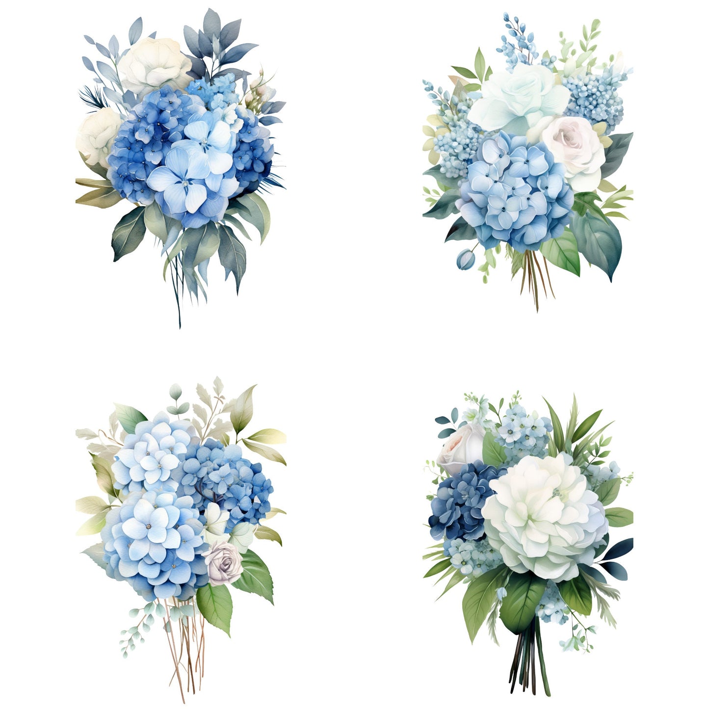 Clipart de ramo de hortensias azules en acuarela