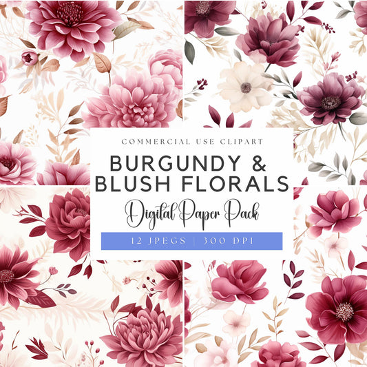 Paquete de papel digital floral burdeos y ruborizado