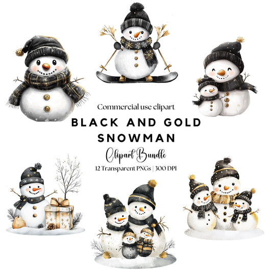 Black and Gold Snowman Clipart