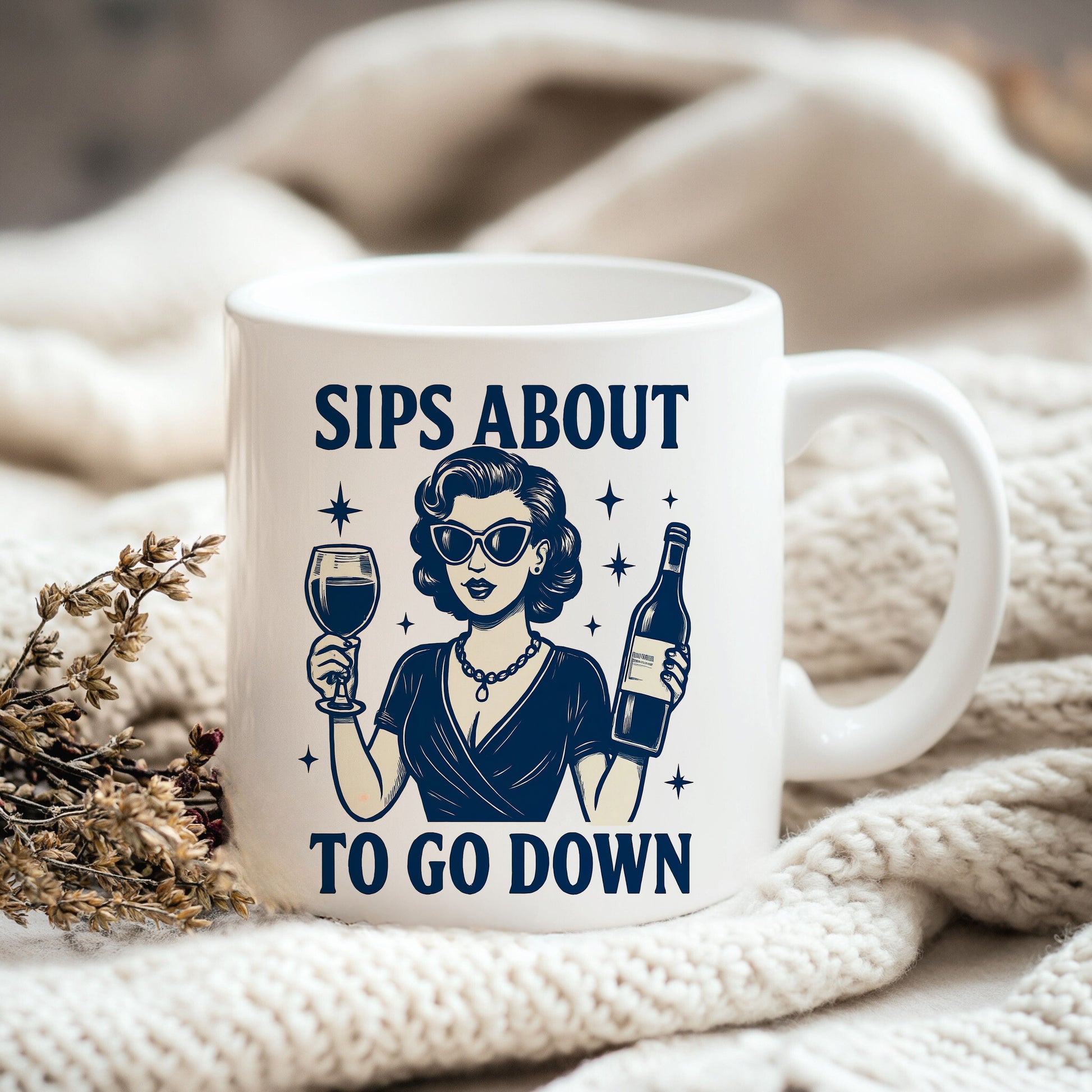 a mug with a woman holding a glass of wine