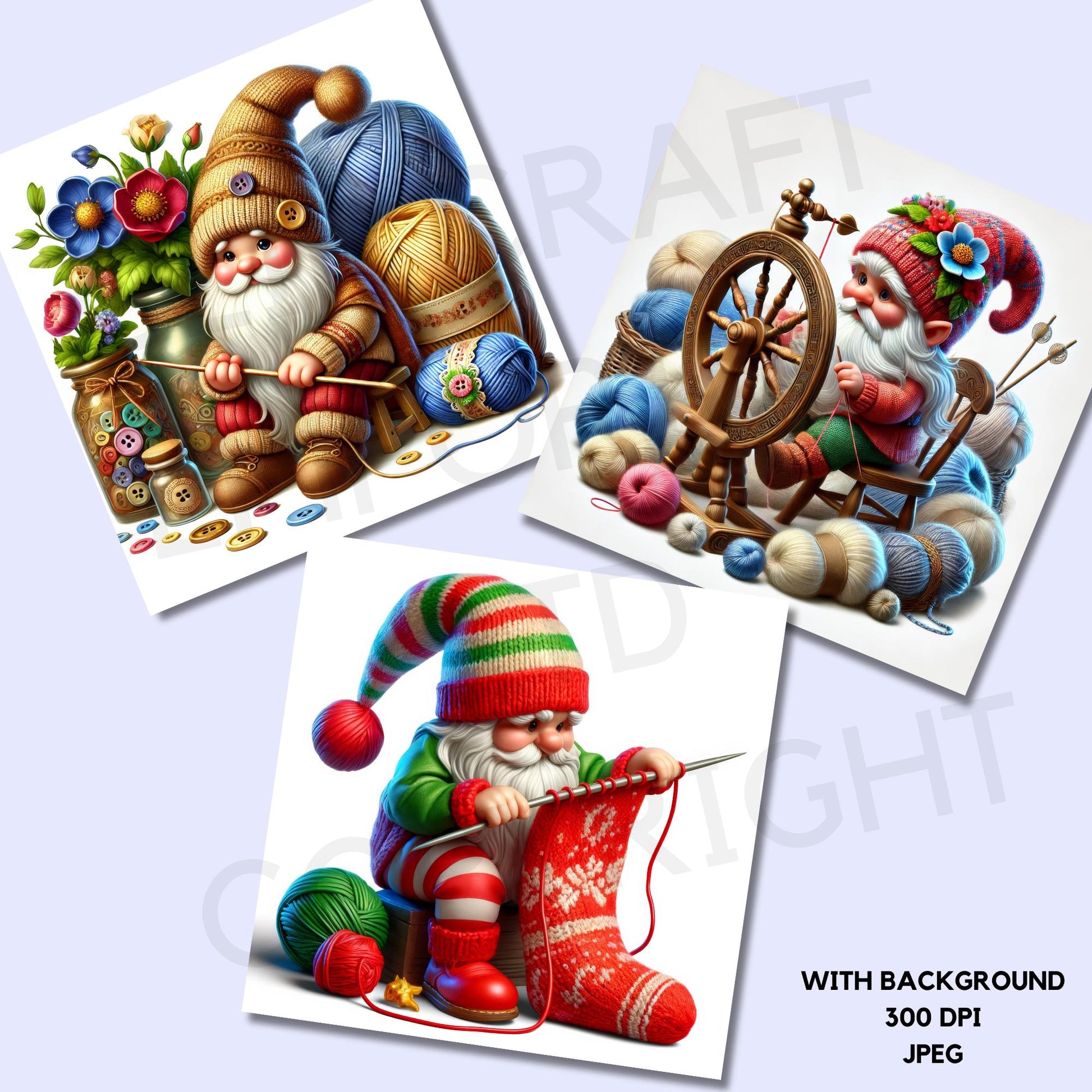 a set of three christmas cards with santa claus and a spinning wheel