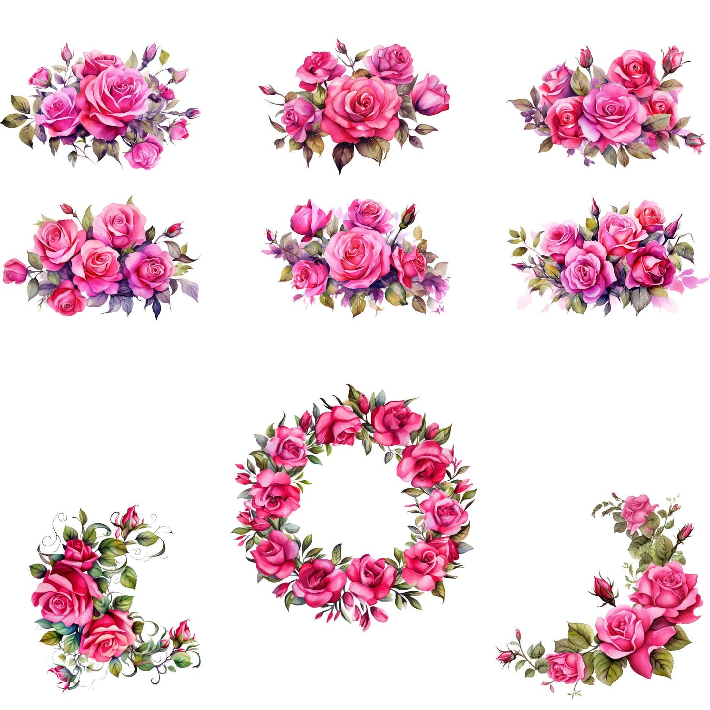 Clipart floral de rosa fucsia en acuarela