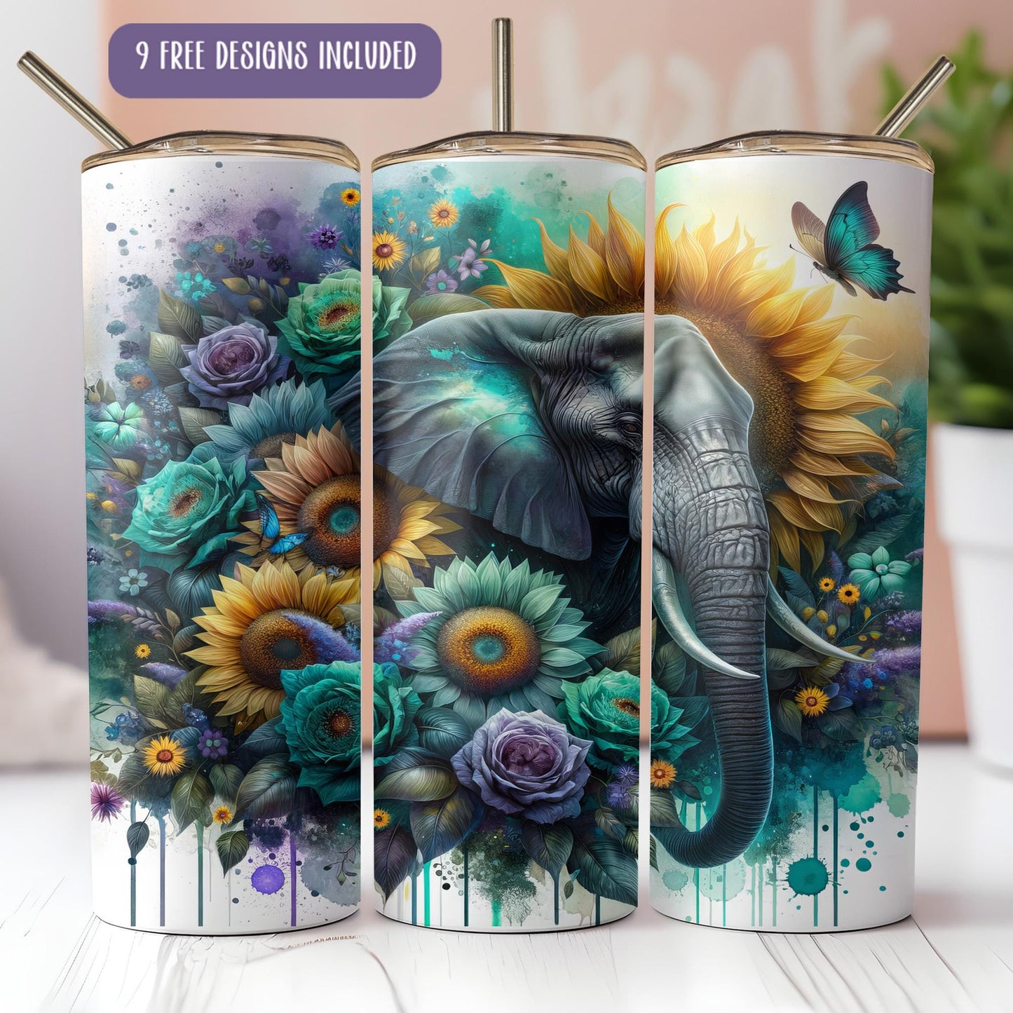 a picture of an elephant with flowers and a butterfly