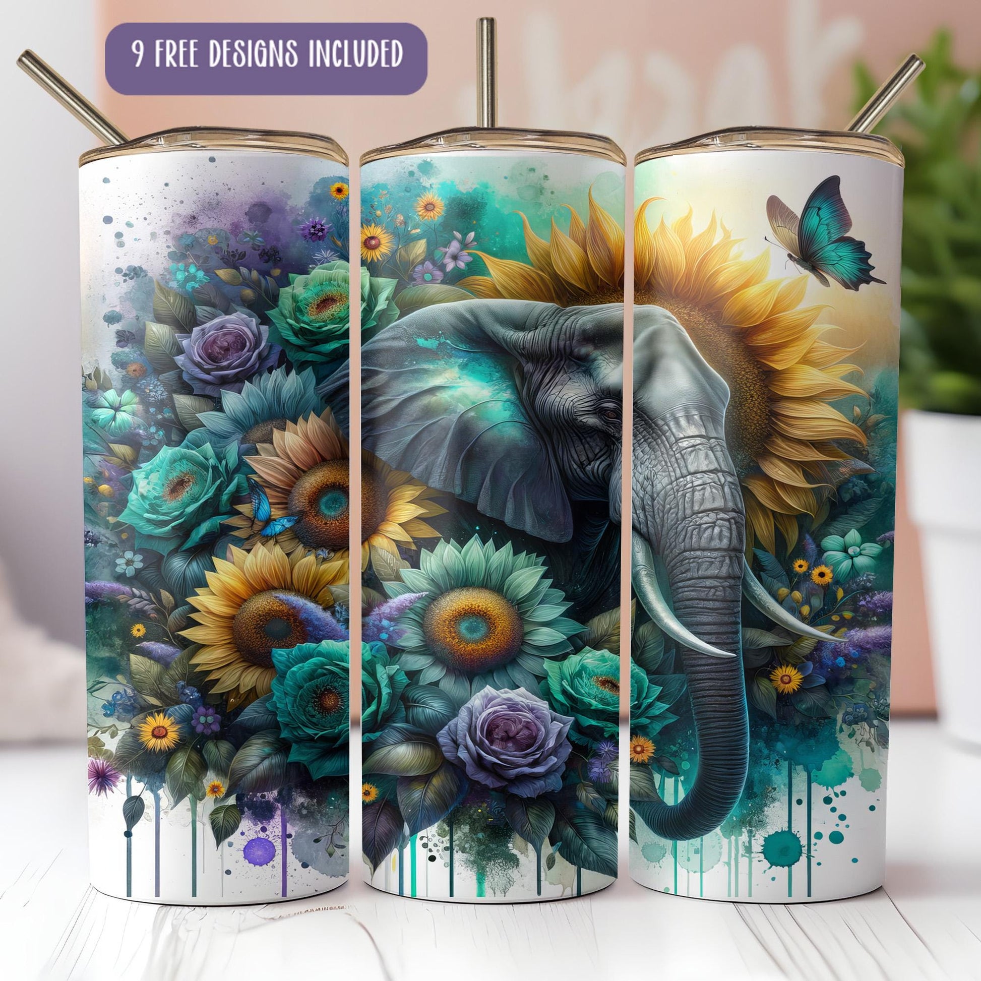 a picture of an elephant with flowers and a butterfly