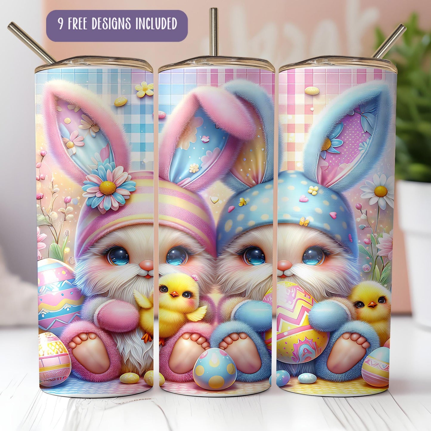 a set of three tumbles with an image of a bunny and chick