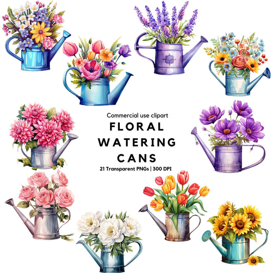 Clipart de regadera floral de acuarela