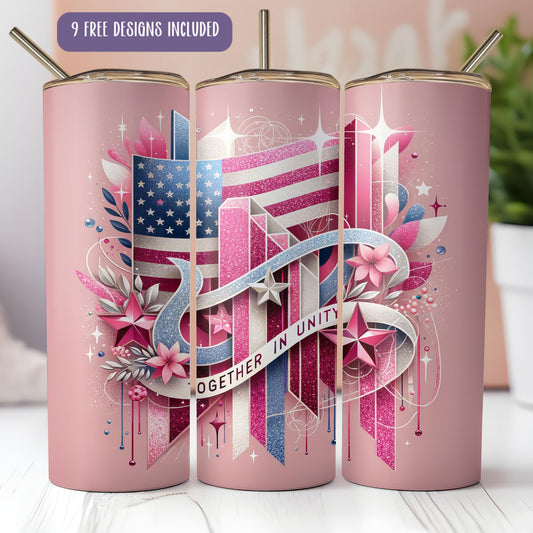 a pink tumbler with a patriotic design on it