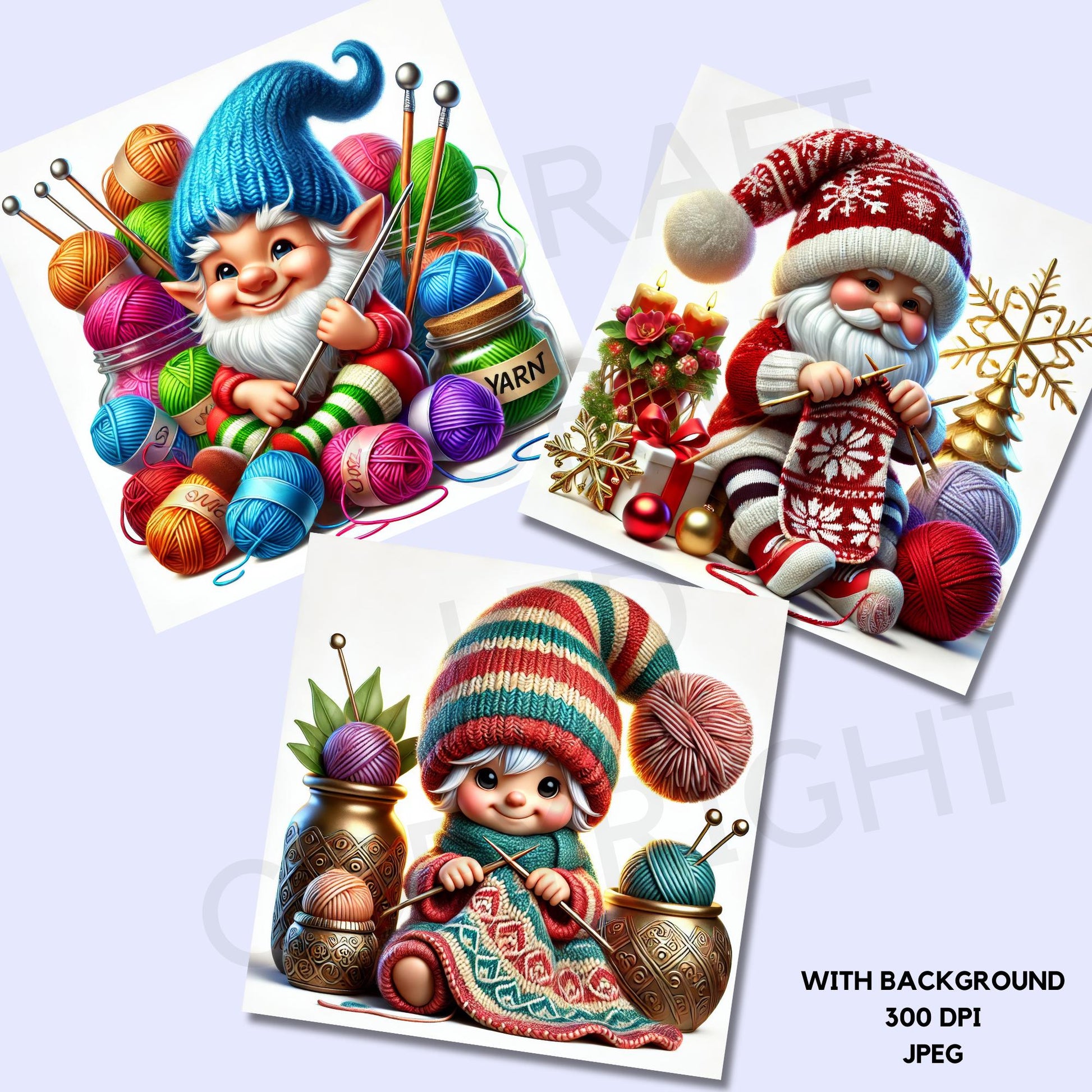 a couple of pictures of gnomes with balls of yarn