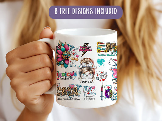 a woman holding a coffee mug with a lot of stickers on it