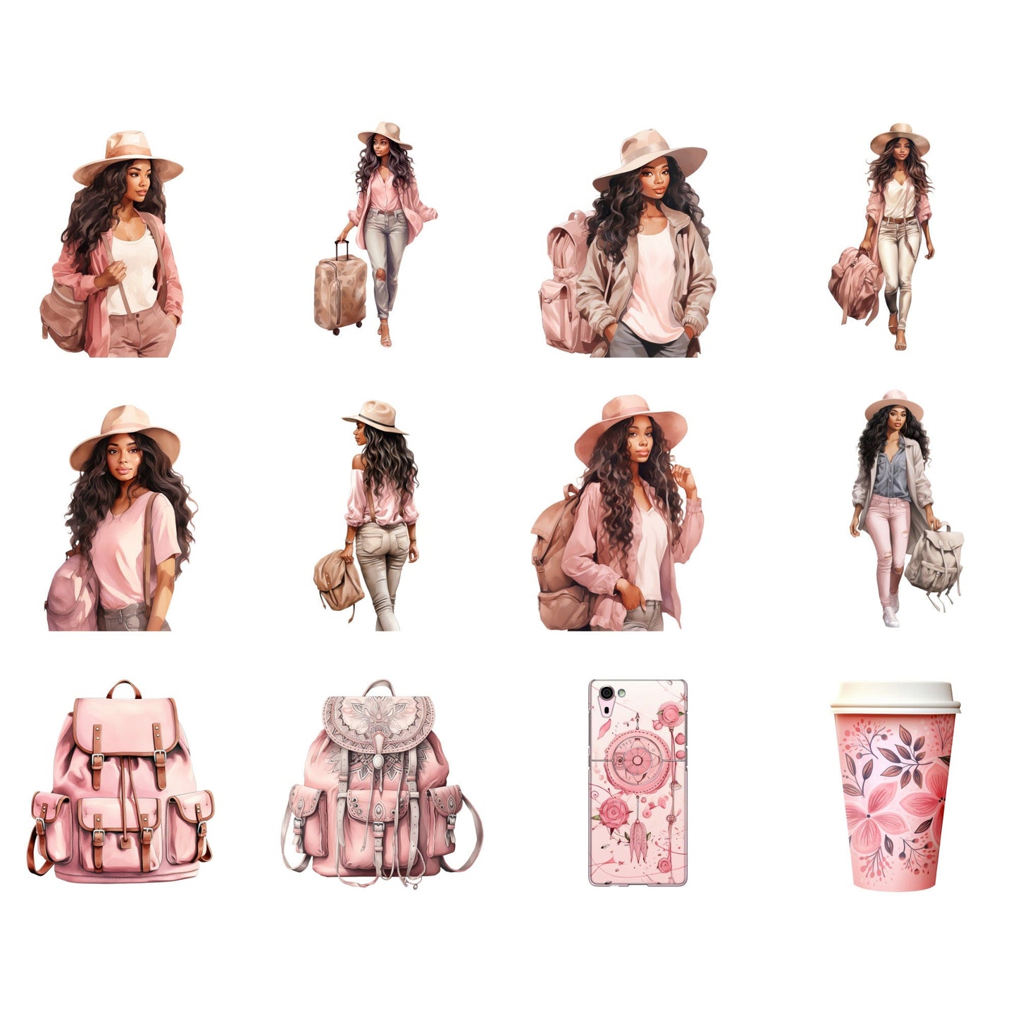 Watercolor Pink Travel girl clipart