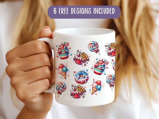 a woman is holding a coffee mug with designs on it