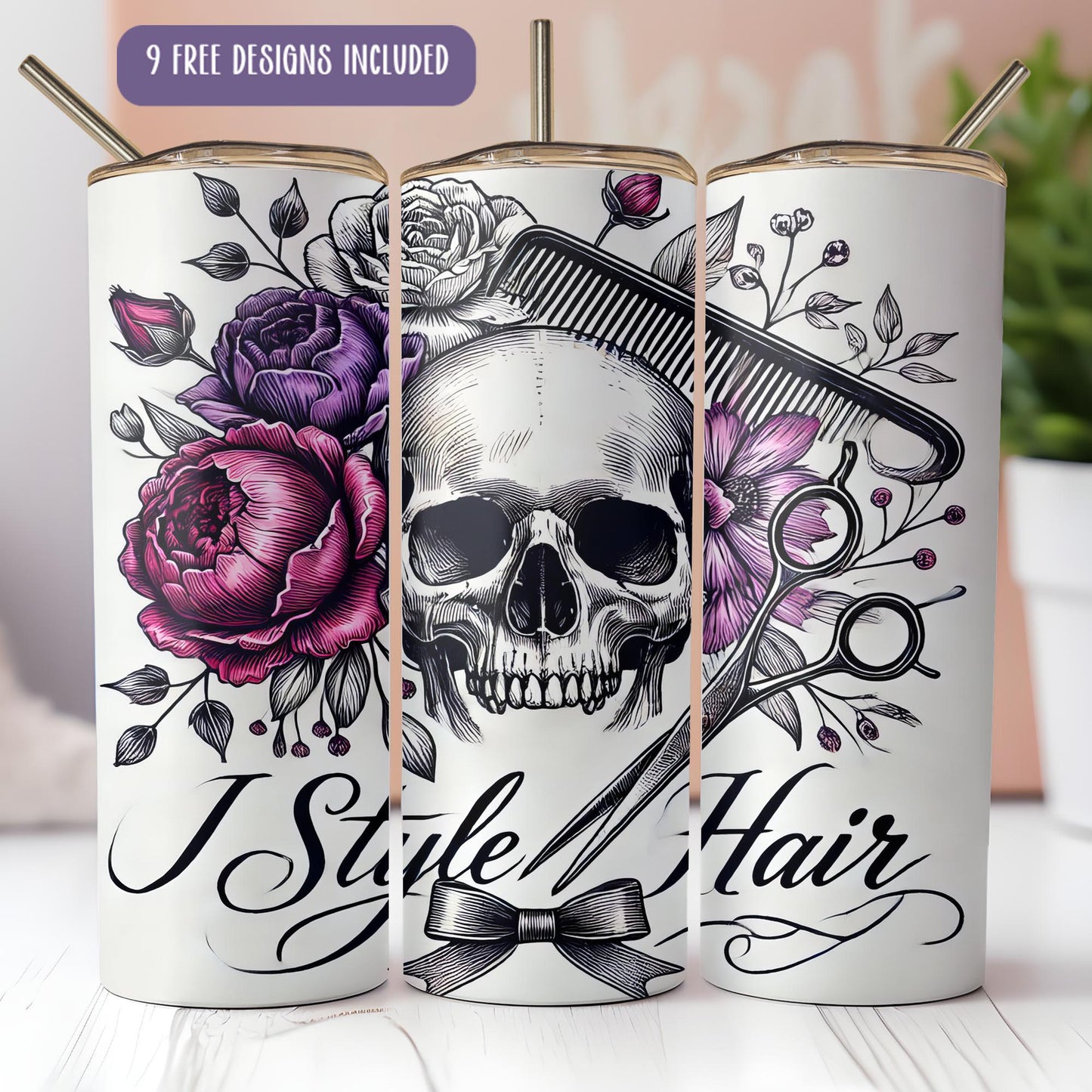 three white tumbles with a skull and flowers on them