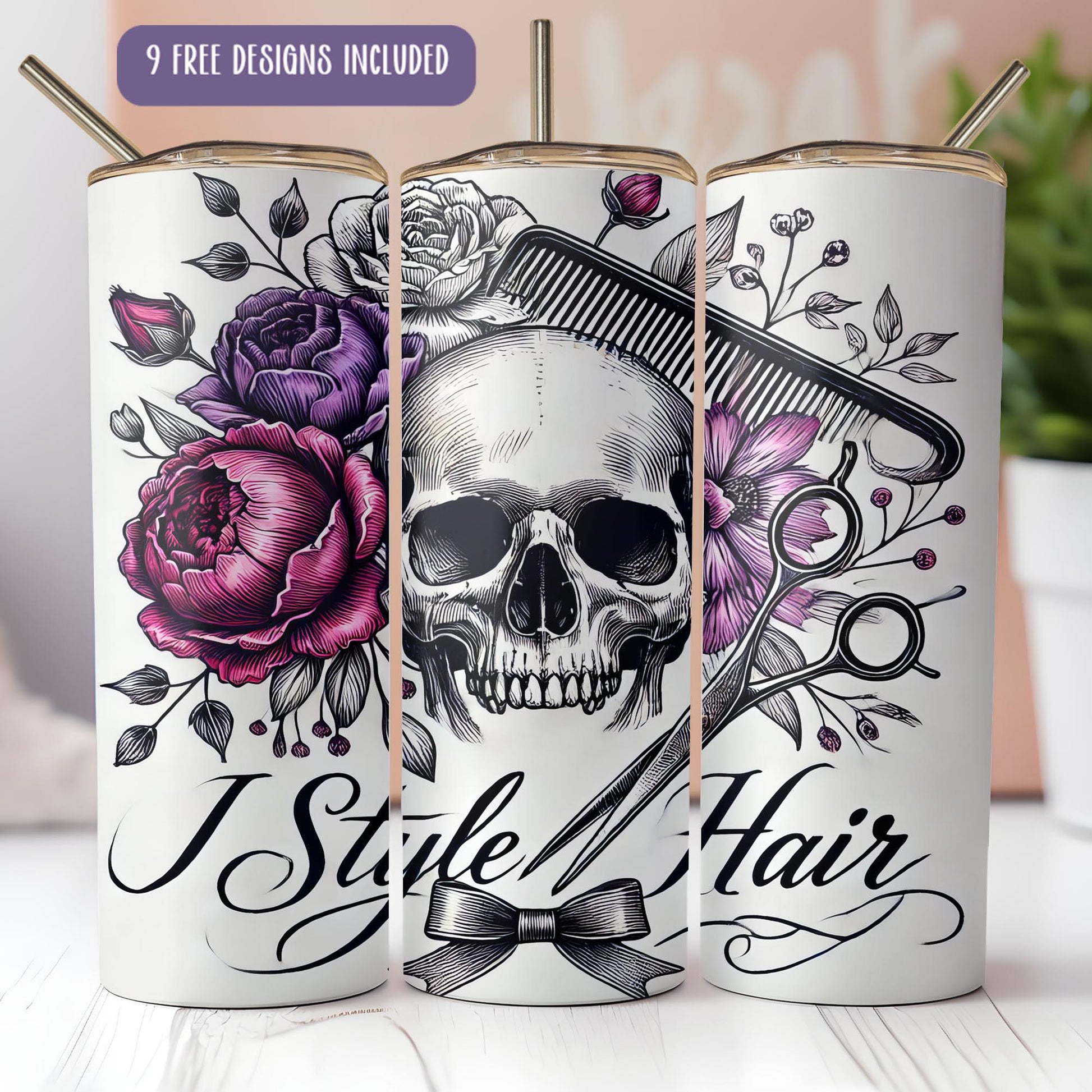 three white tumbles with a skull and flowers on them