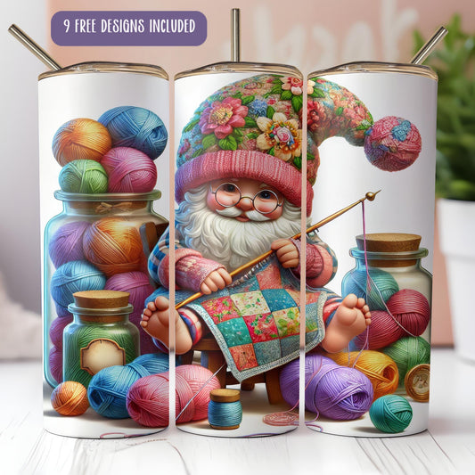 a set of three lamps with a picture of a gnome holding a crochet