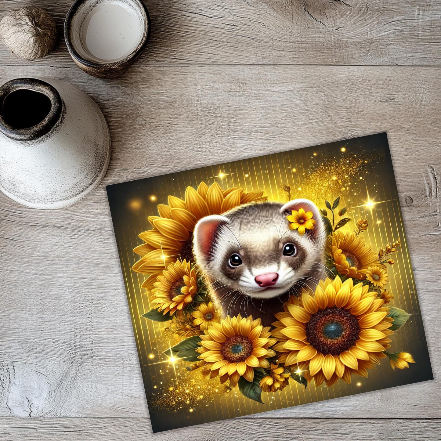 a picture of a ferret surrounded by sunflowers