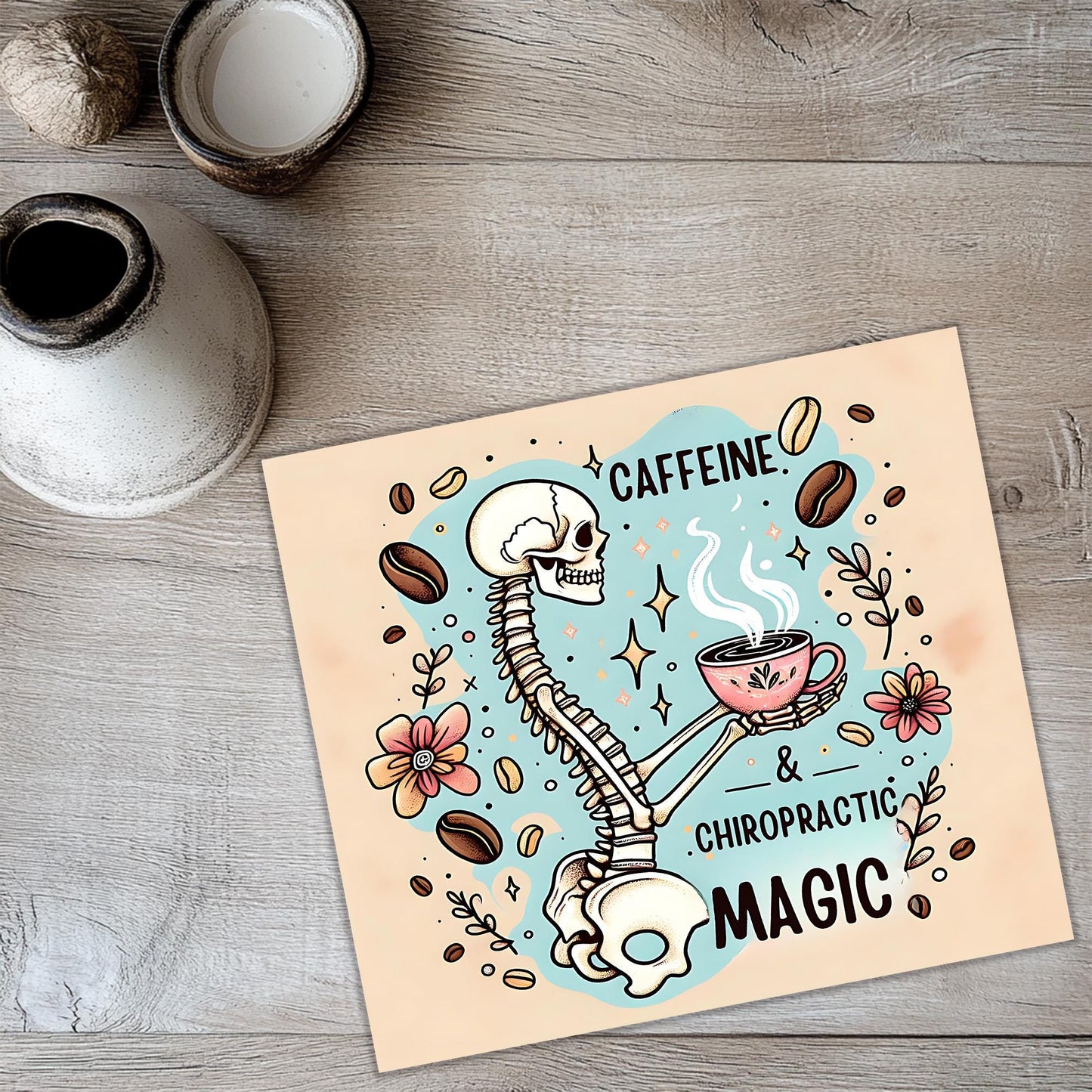 a card with a skeleton holding a cup of coffee