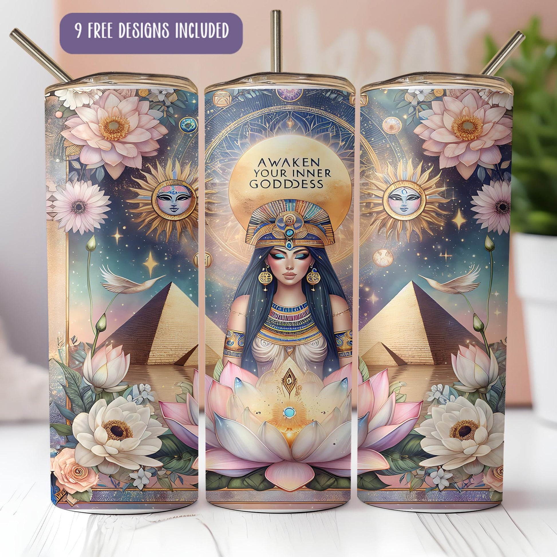 a set of three tins with an image of an egyptian goddess